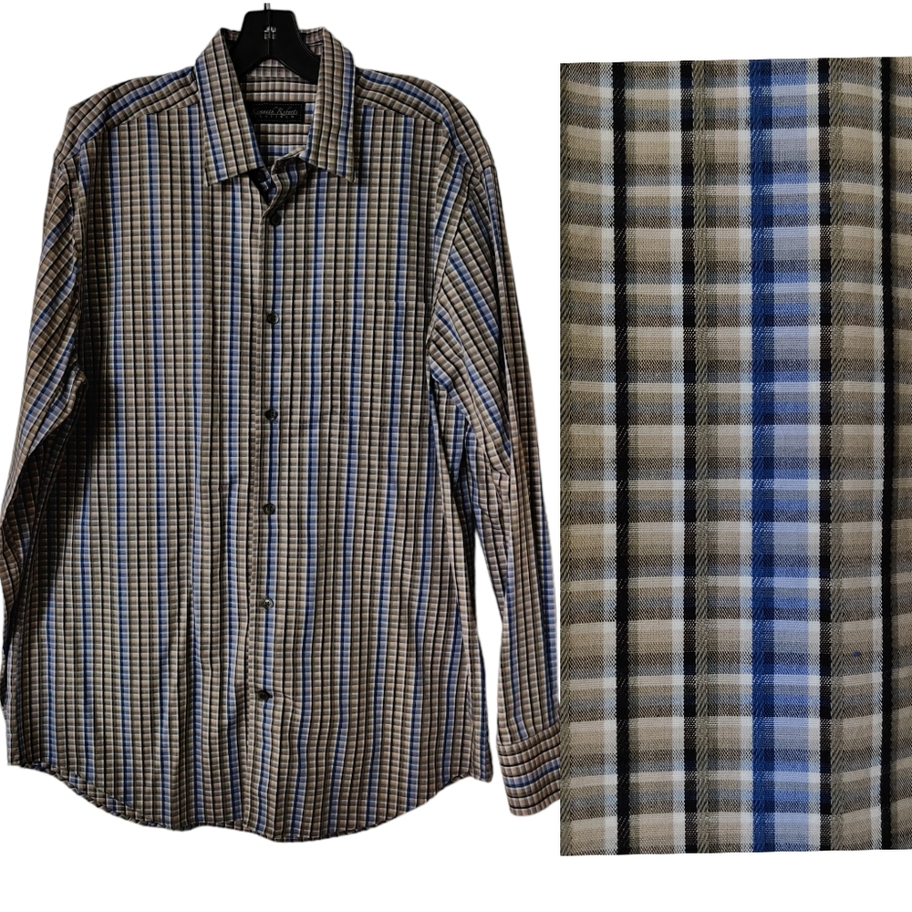 Kenneth Roberts Platinum Cotton Oxford Grey Blue Plaid Long Sleeve Shirt EUC szL
